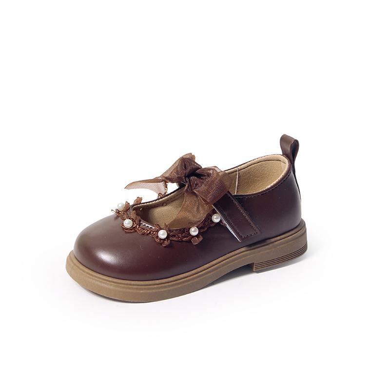 Dětské kožené boty Černé matné Dívčí princeznovské boty Krajkové mašle Sladké kulaté špičky 2025 Nové dětské ploché boty Protiskluzové Měkké Ins