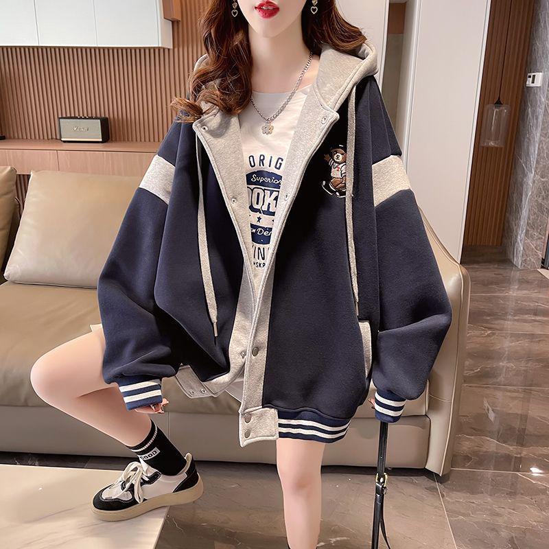 Women's Fleece-Lined Hooded Sweatshirt: Autumn/Winter Loose Fit Korean-Style Baseball Jacket