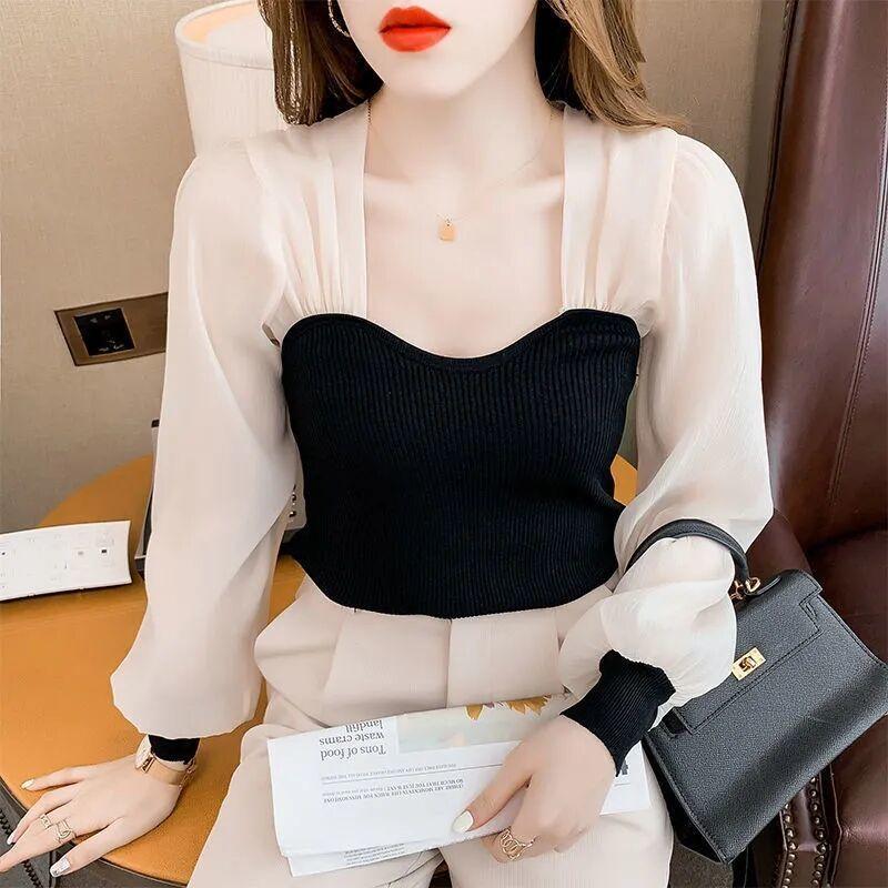 French Polka Dot Mesh Bubble Sleeve Patchwork Ice Silk Tops Women Spring and Autumn Design Sense Niche Slim Blouse