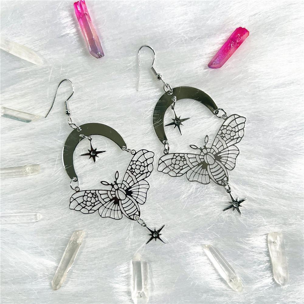 Exaggerate Retro Gold Color Stars Moon Hollowed-out Moth Pendant Stainless Steel Dangle Earrings for Women Charms Jewelry Gifts