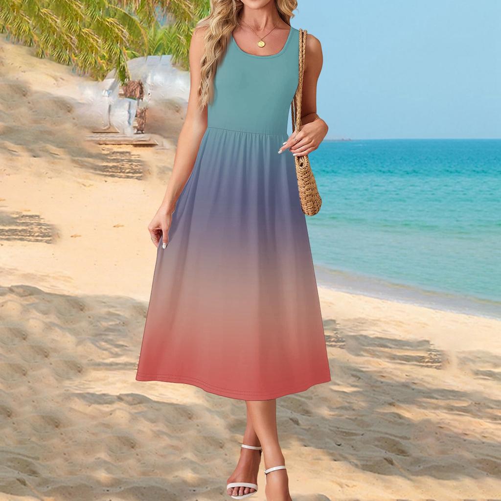 Fashionable women's summer dress with gradient print, elegant casual wear, beach vacation sun skirt with pocket