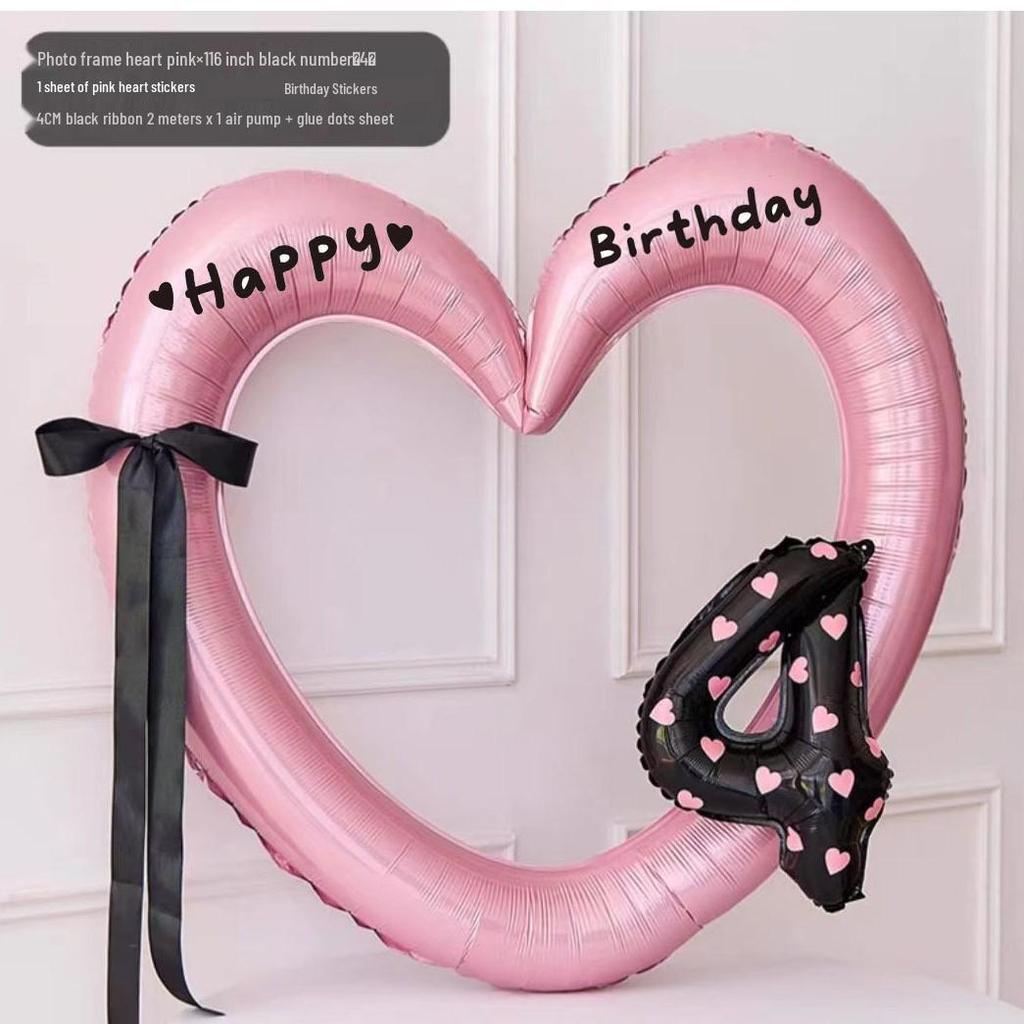 Pink Big Heart Photo Frame Balloon - Aluminum Film Birthday Decoration for Children's Party, First Birthday Photo Props