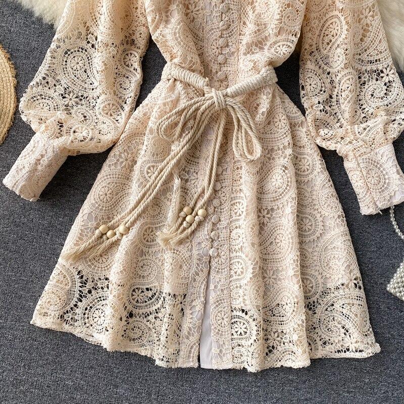 Lace Elegant Dress Women Spring Autumn New O-Neck Lantern Sleeve Hollow Out Short Dresses Korean Chic Fashion Robe