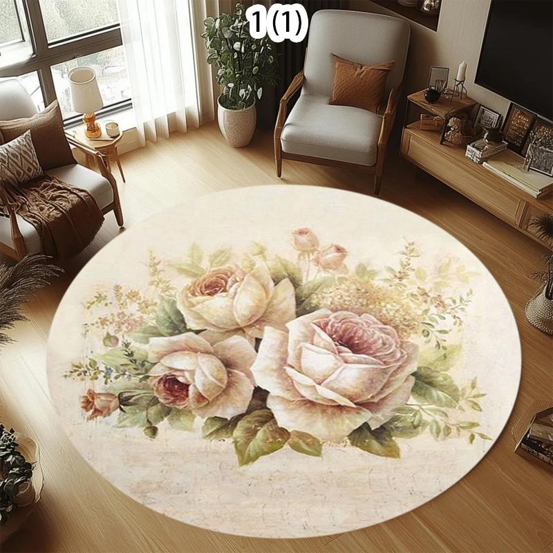 Rose Bouquet Pattern Round Area Rug Elegant Retro Style Non-Slip Floor Mat for Living Rooms Home Decor Areas