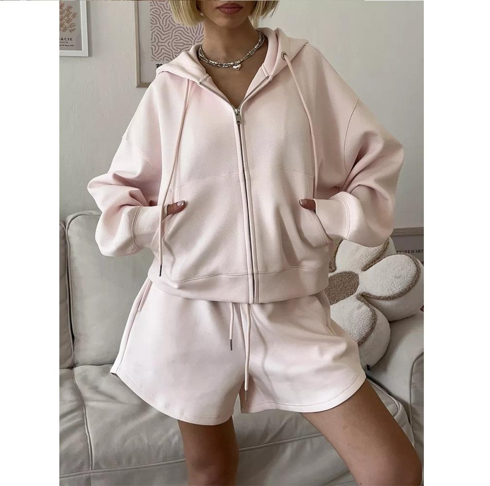 Módní dámská sportovní košile s kapucí a velkou kapsou, šortky, dvoudílná ležérní sada pro ženy