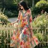 Bohemian Style New Fashion Printed V-neck Dress Women's Summer Wide Waist Loose and Thin Holiday Big Swing Dress