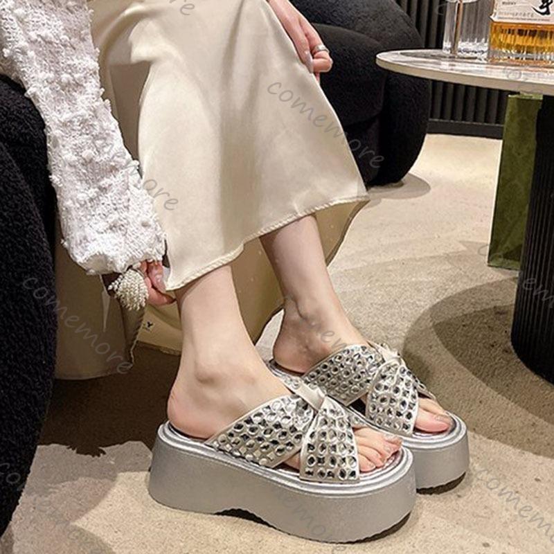 Comemore Platform Slippers Women Summer Shoes Fashionable Sequins Glitter Thick Sole Wedge Sandals Casual Outside Heels Slides