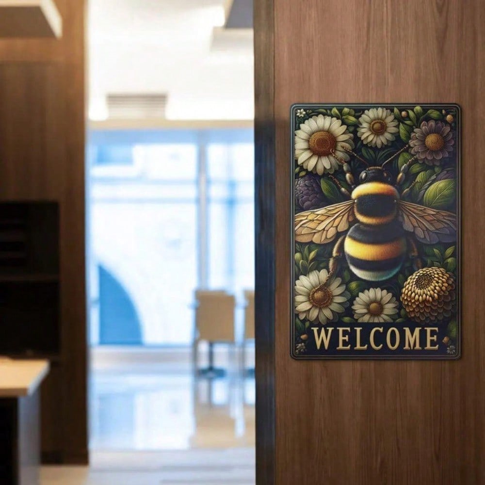Bee Floral Garden Welcome Sign Wall Art Metal Outdoor Tin Rustic Decoration