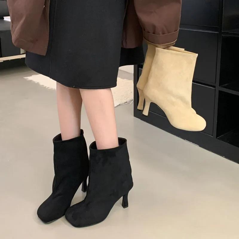 Women's Boots Round Toe Pleated Design Boots Temperament Stiletto High Heels Ankle Boots Quality Suede Women Chelsea Short Botas