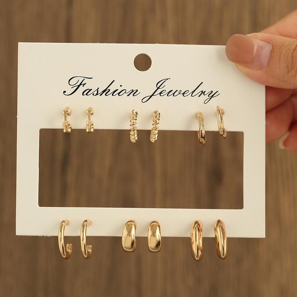 European & American Retro Geometric Hammered Textured Earrings 6-Piece Set: Creative Heart Diamond Stud & Alloy Earrings