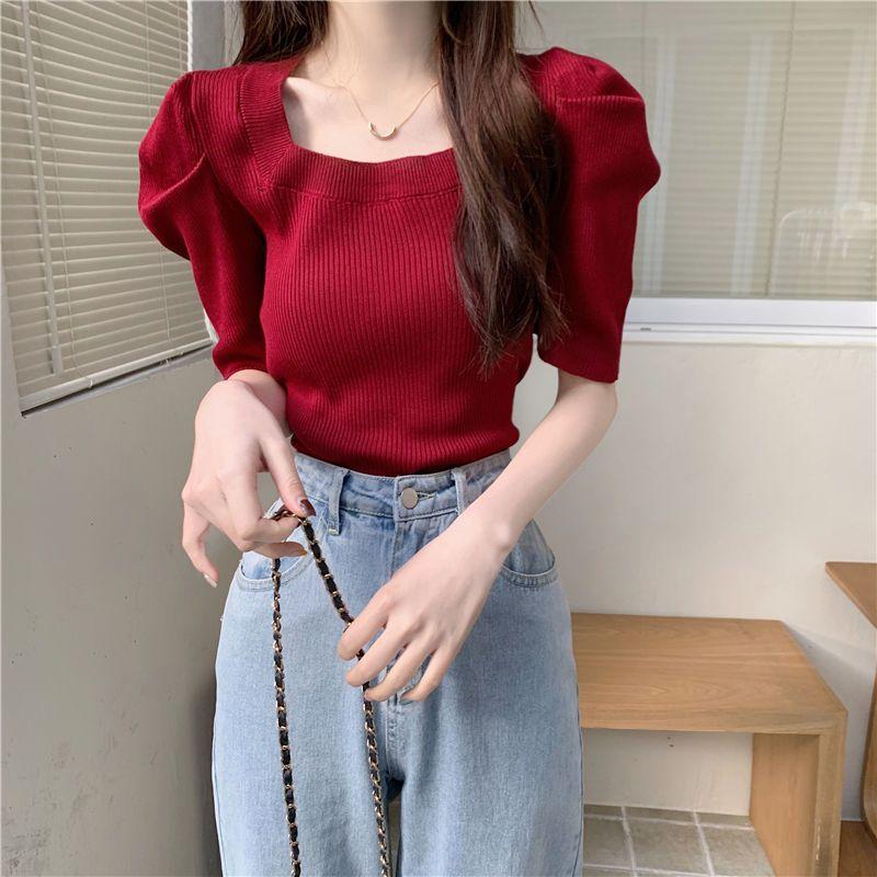 Bubble Sleeve French Square Neck Knitted Sweater for Women Spring and Summer Retro Slim Fit Half Sleeved White Short Sleeved Base Top