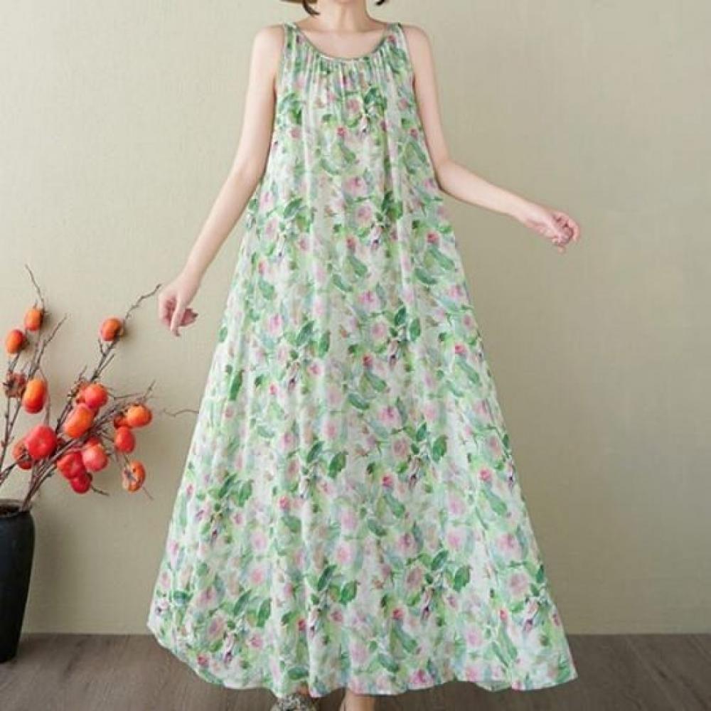 Navava Watercolor Flower Printing Sleeveless Dress No935