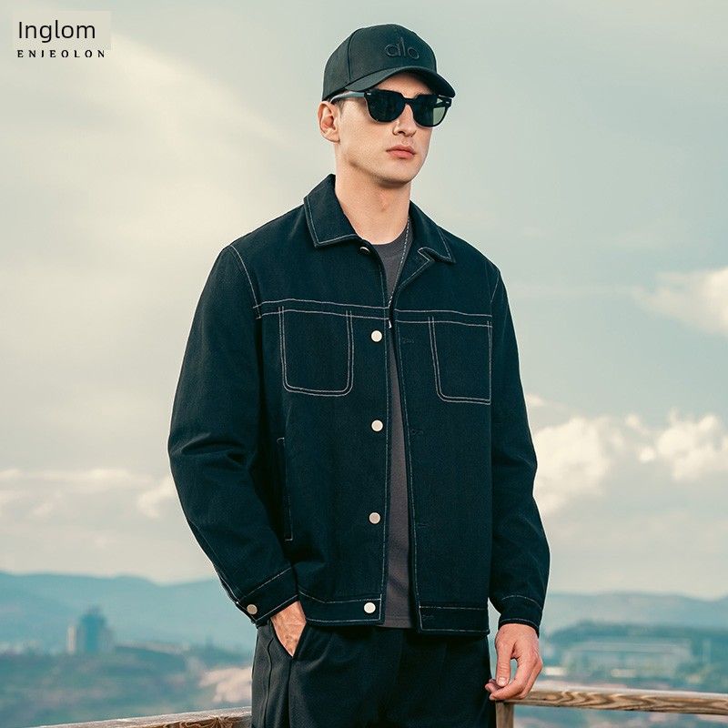 

Yingjuelun 2025 Autumn/Winter Turn-Down Collar Casual Pure Cotton Jacket Men s Trendy Brand Stitched Spring/Autumn Men s Short Jacket Black XL
