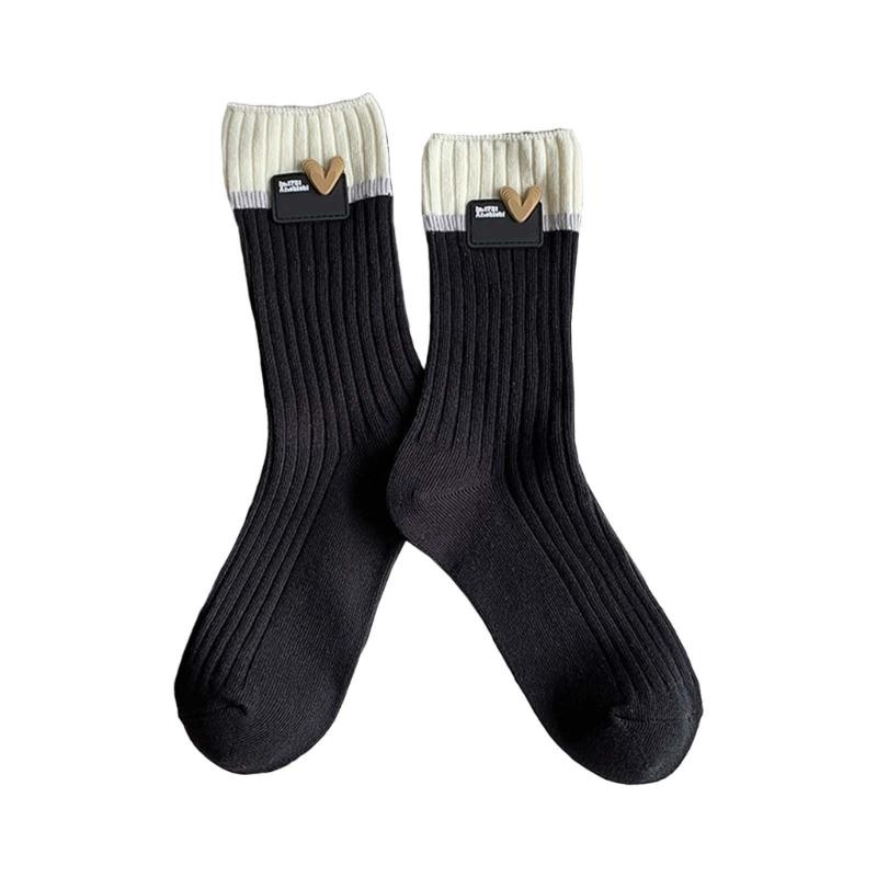 Japanese Style Women Y2K Girl Cotton Crew Socks Harajuku Sweet Love Label Colorblock Ribbed Knit Middle Tube Calf Socks