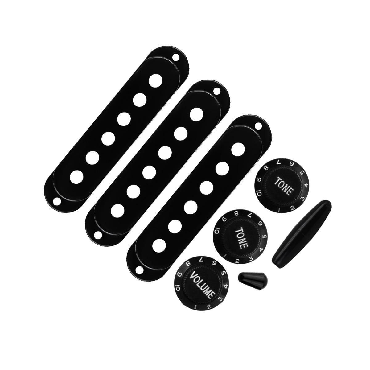 

FLEOR Set of Plastic Black Guitar Single Coil Pickup Covers 2T1V Knobs Switch Tip Whammy Bar Tip for ST