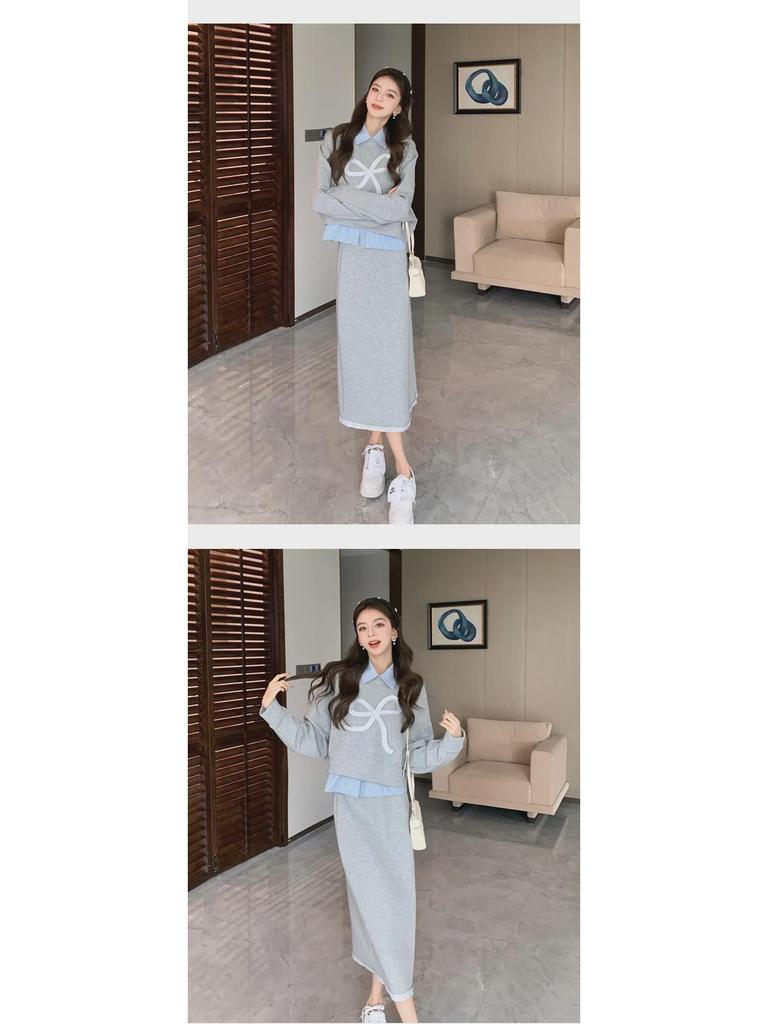 2024 Autumn & Winter Korean-Style Casual Sweater, Skirt & Shirt Three-Piece Set for Women