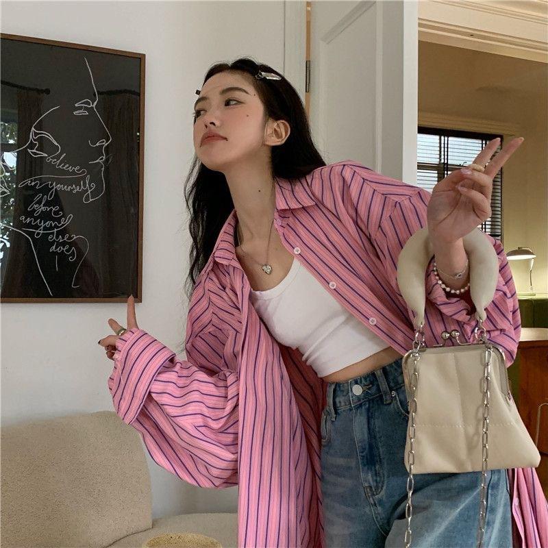 Pink Color-block Striped Shirt for Women, Spring/summer New Mid-length Loose Sun-protection Cardigan, Versatile Shirt, Casual Top