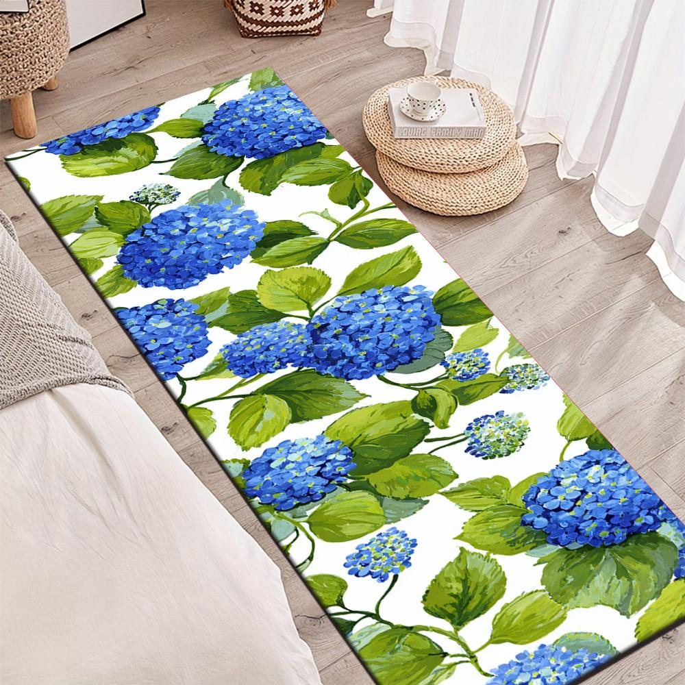 1Pcs Pastoral Style Blue Hydrangea Green Leaves Non-Slip Washable Area Rug Runner for Entryway, Living Room, Bedroom & Patio