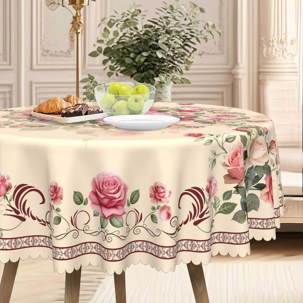 Pink Rose Pastoral Round Table Cloth, European Retro Table Cloth, Waterproof And Oil-Proof Household Round Table Cloth