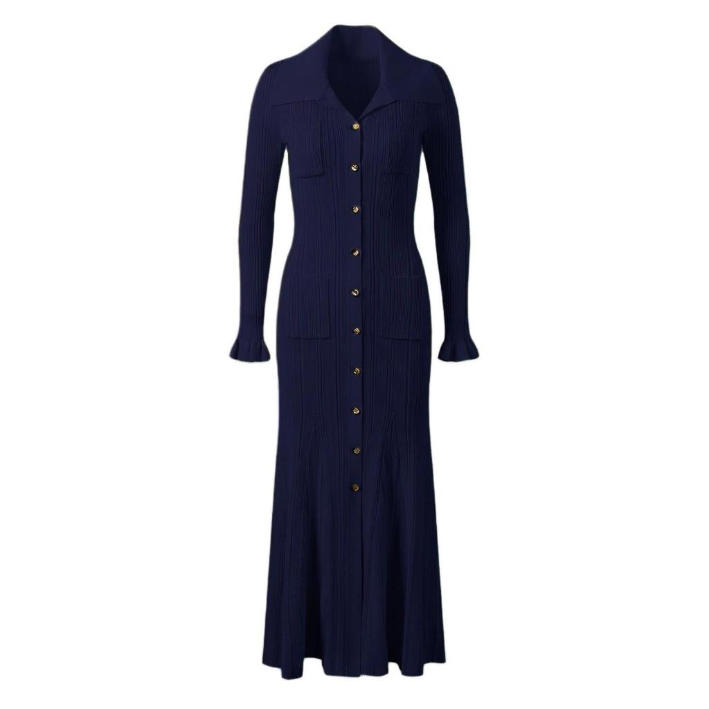 European & American Lapel Long Sleeve Knit Dress - 2025 Single-breasted Waist-cinching Autumn Dress for Women
