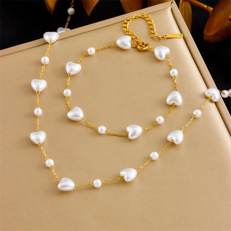 Gold Plated Layered Heart Pearl Necklace Dainty Love Pendant Choker Jewelry