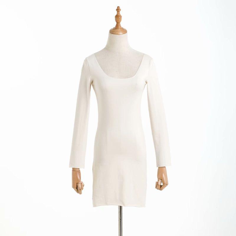 

Ruffled off-Shoulder Base Skirt Slim Looking Skinny Sheath Beige M