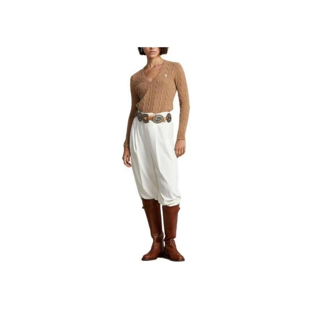 Polo Ralph Lauren SS23 Jednofarebný Pletený sveter s výšivkou malého poníka s výstrihom do V a dlhým rukávom Dámsky sveter Khaki 211570011109