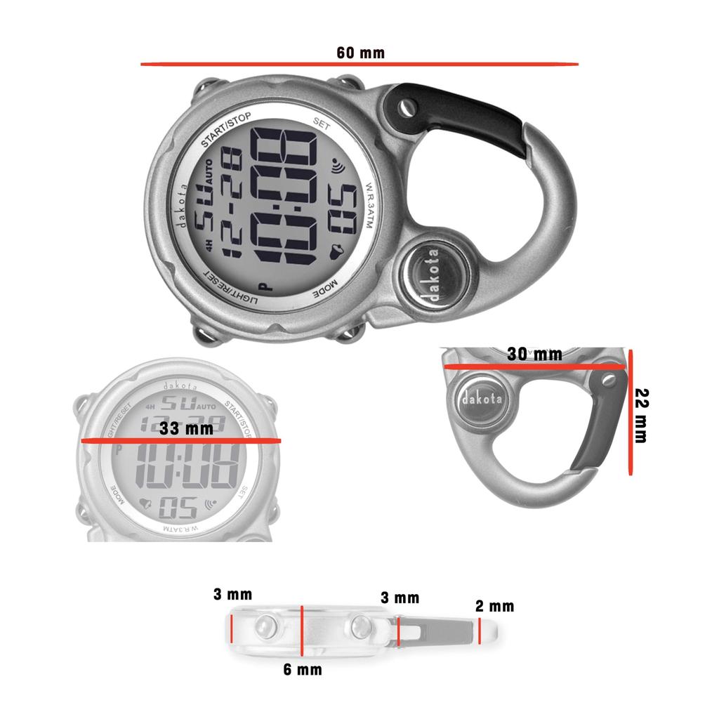 Dakota Digital Mini Clip Pocket Watch with Waterproof and Perfect for Outdoor Activities Like and with and Alarm Carabiner, Lightweight, Camping,