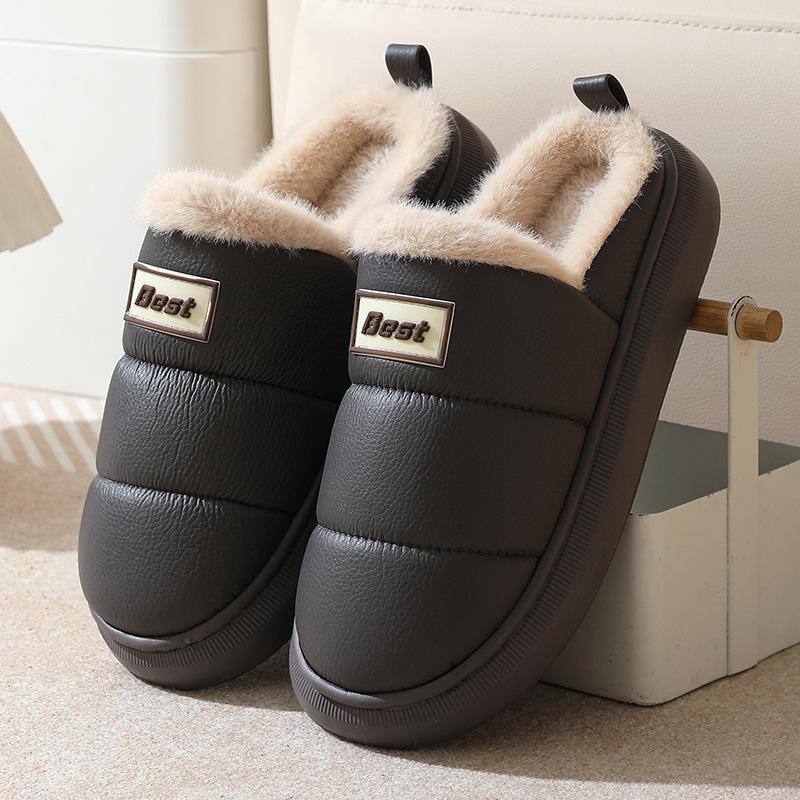 PU leather cotton slippers warm in autumn and winter home EVA thick bottom, non-slip indoor and outdoor wear waterproof velvet cotton mop