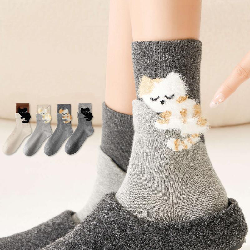 1/4 Paar Lustige Niedliche Katzen Druck Mittellange Socken Cartoon Haus Bodensocken Für Damen Herren Winter Warm Baumwolle Weiche Socke Geschenke für Freunde