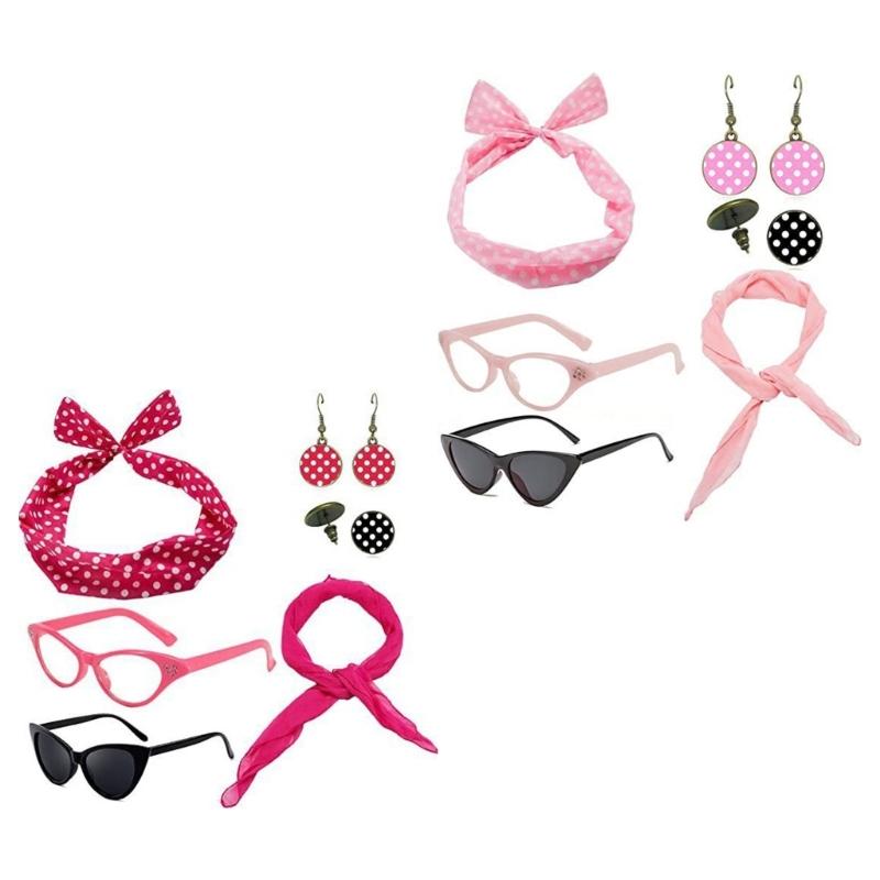 1950's Womens Costume Accessories 50s Scarf Cats Eye Glasses Bandana Tie Polkas Dot Headband Drop Earrings for Halloween