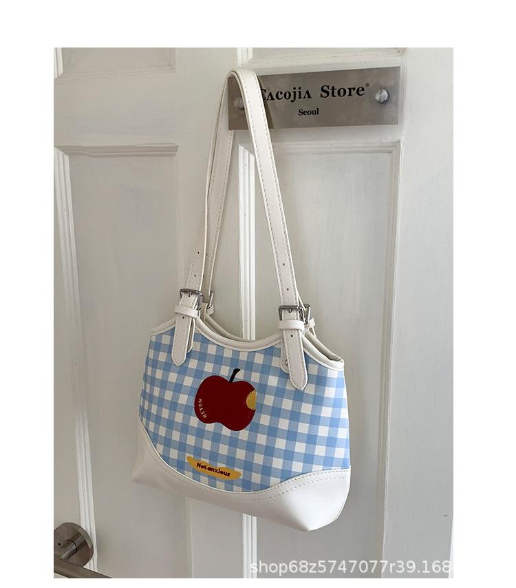 Cute Apple Plaid Large Bag for Women, 2025 Summer New Fashionable Foreign Large-capacity Shoulder Tote Bag