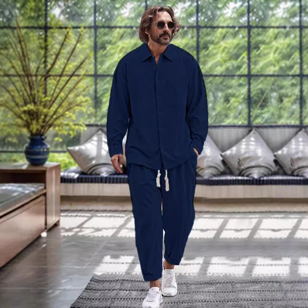 Men's Casual Collar Long Sleeved Shirt Long Pants Cotton Linen Set