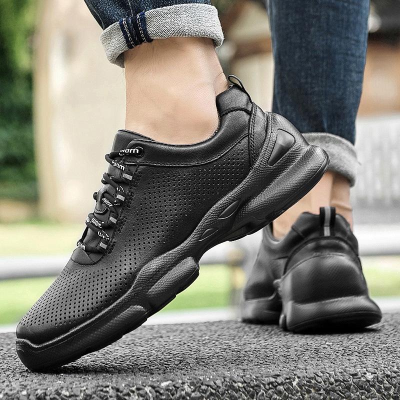 Autumn New High-quality Leather Casual Shoes Non-slip Outdoor Thick-soled Solid-color Sports Shoes