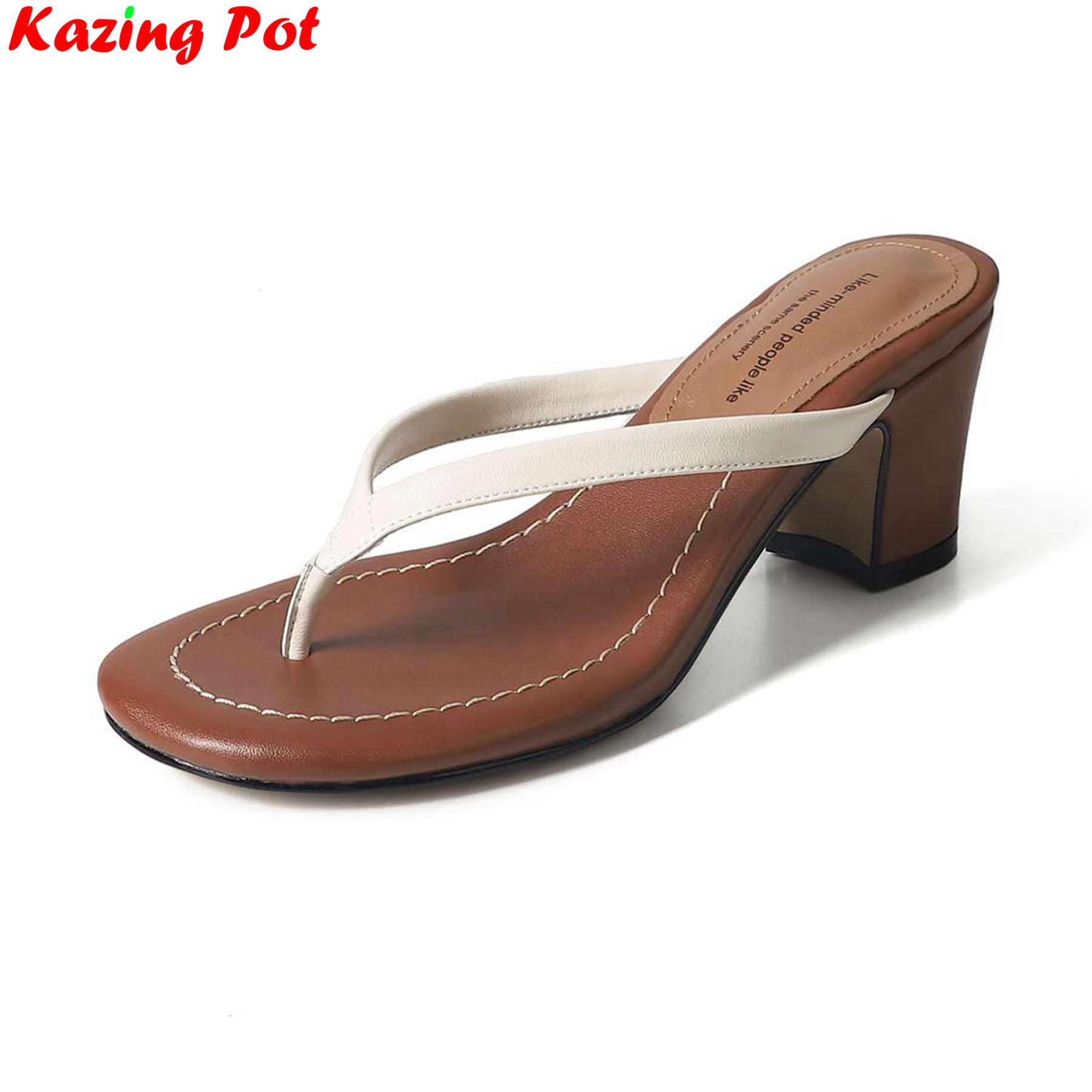 

Fashion Krazing Pot Cow Leather High Heels Flip-flop Luxury Slides Slip On Slingback Mules Brand Summer Casual Women Outside Slippers 34 коричневый