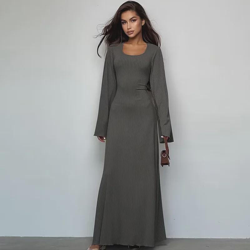 Women s Autumn 2026 Loose U-Neck Back Tie Long Sleeve Dress S