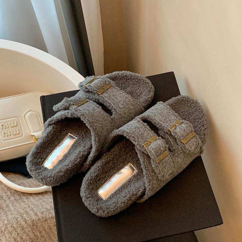 Soft Fur! Thick-bottomed Mao Mao Boken Slippers for Women's Outerwear 2025 Autumn and Winter New Versatile Double-buckle with Lazy Slippers