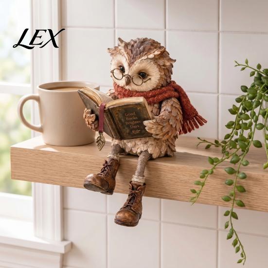 Reading Owl Statue for Home Decor Figurine, Creative with Glasses Scarf Boots And Open Book, Whimsical Reader Gift Teachers Sculpture Book Nook Shelf