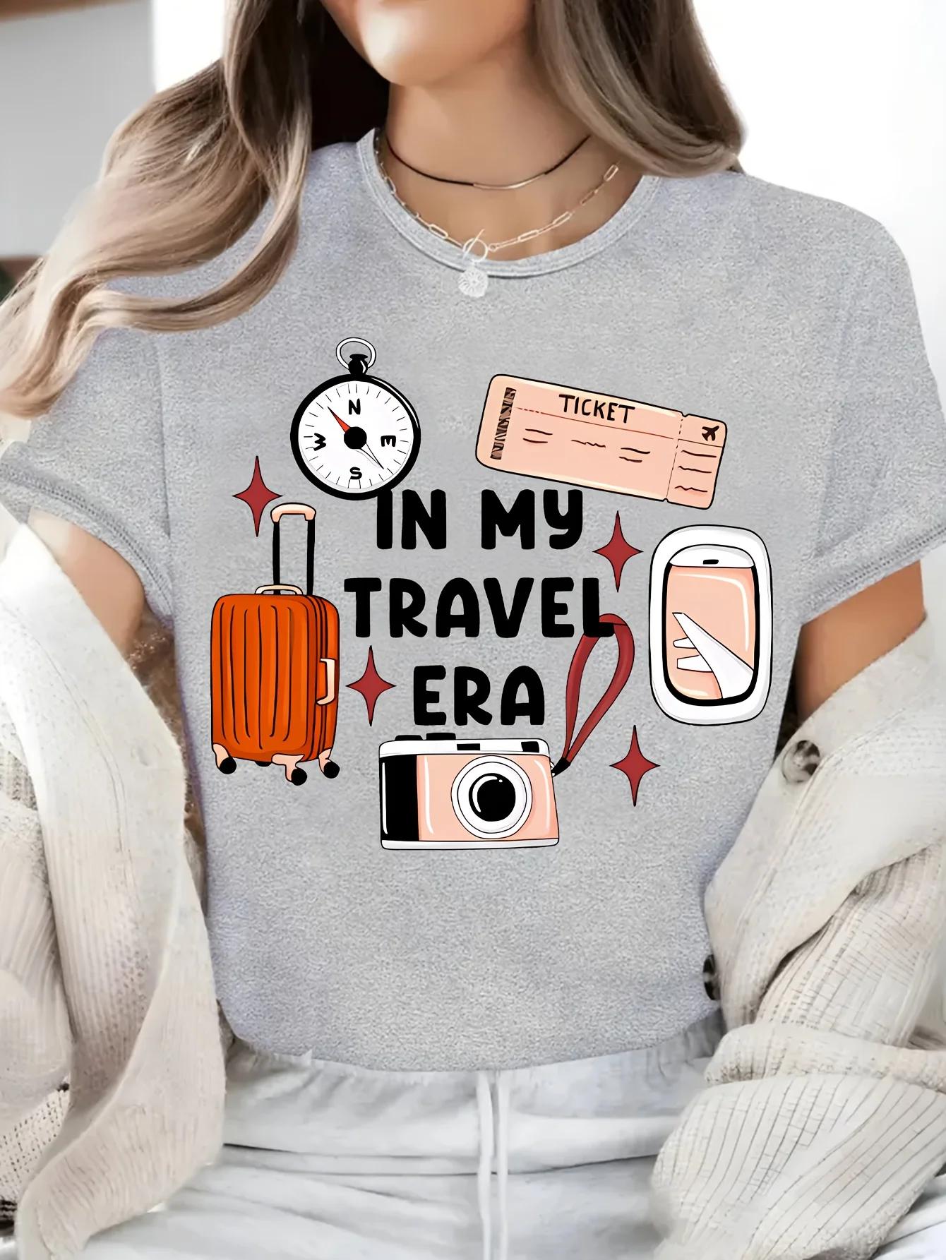 Summer Neck GeometricPatterned Summer Casual Style Travel Lovers WomenS TravelThemed TShirt Polyester Medium Stretch Crew S