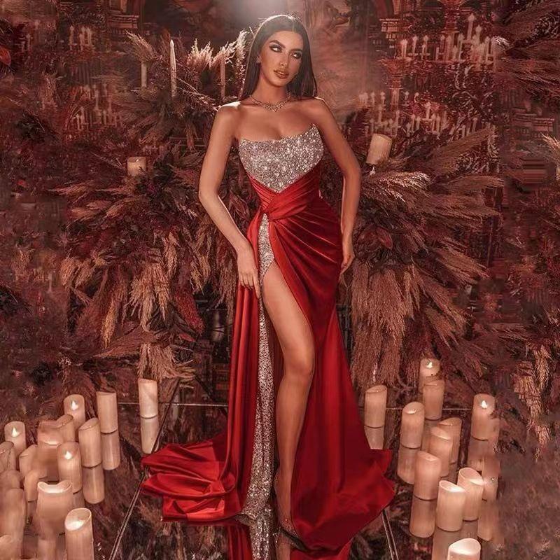 

Women Split Sexy Dress Summer Women s Dress Sequin Slit Formal Dress Long Dress Tube Top Dress Red XL