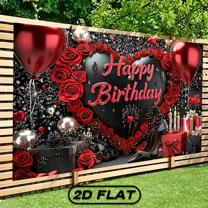 2D Glam Birthday Party Backdrop Red Roses & High Heels Photography Background