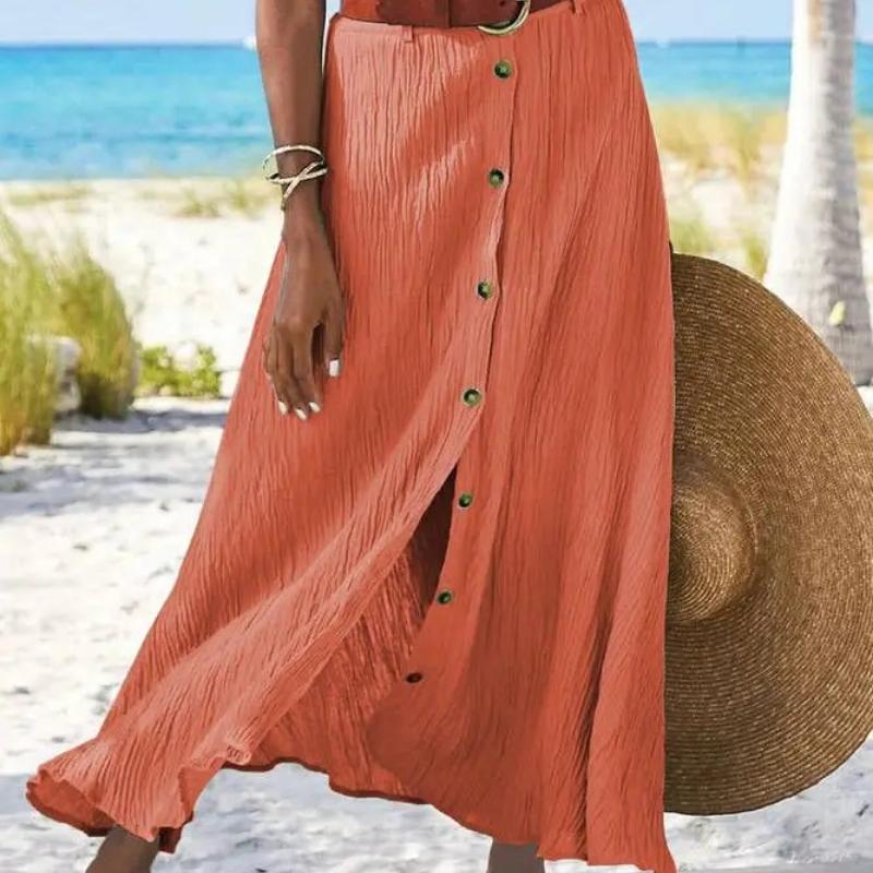 Jupe d'été pour femme Coton Lin Bouton Important Fente Imprimé Floral Mode Polyvalente Vacances Plage Jupe Mi-longue