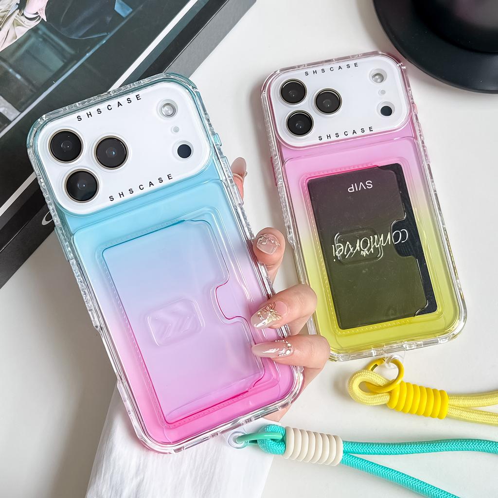 For iPhone 17 Pro Max Case Card Holder Gradient Color PC+TPU Phone Back Cover with Lens Film/Wrist Strap