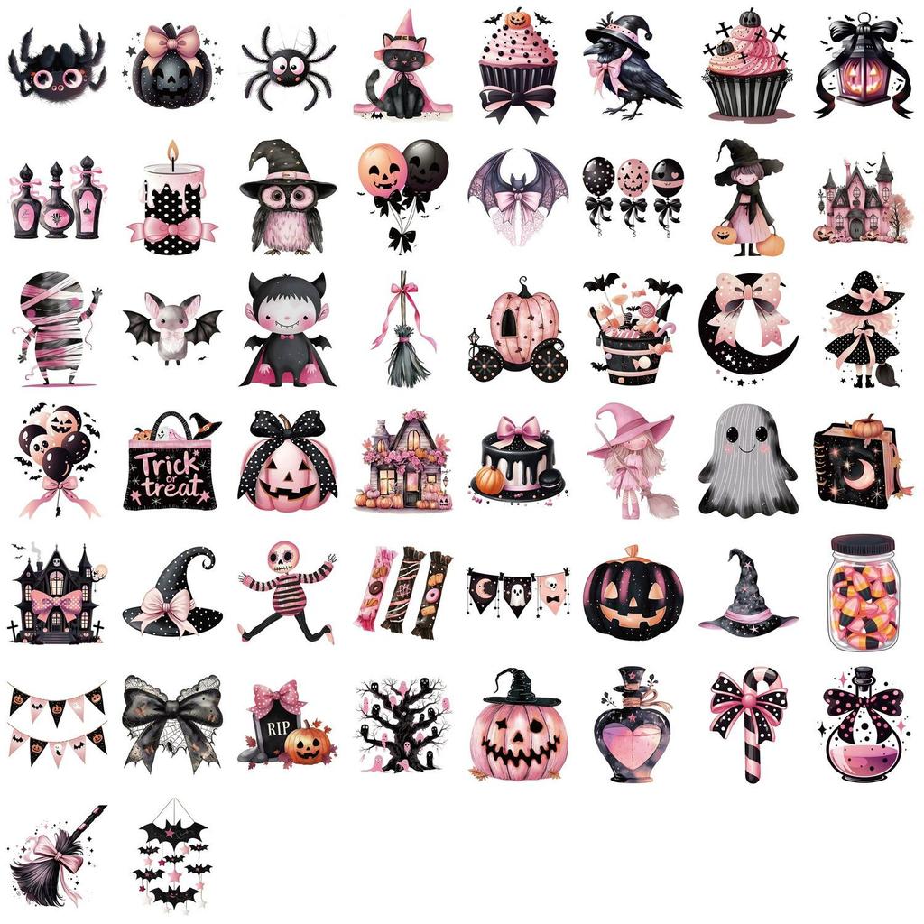 50pcs Black Pink Halloween Graffiti Cartoon Stickers for Guitar, Notebook, Luggage, DIY, Waterproof Decoration.
