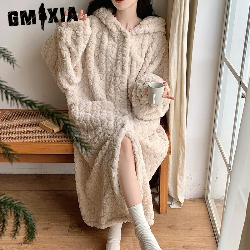 GMXIA Ležérní župan pro ženy, flanelový kardigan, pyžamo s kapucí, dlouhá róba, zimní volný a pohodlný župan z korálového sametu