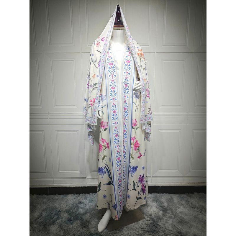 

Новый Ближний Восток Дубай Принт Кардиган Халат Платье Бандана Комплект Принтованный Кардиган Халат Flower color 2XL