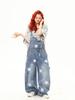Women's American Retro Star Print Wide-Leg Denim Overalls: Casual and Versatile Loose-Fit Trend.