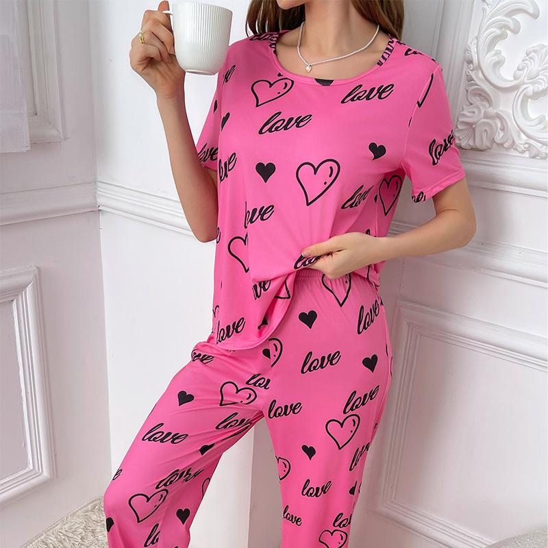 Pajamas Suit Milk Silk Love Full Print Short Sleeve Long Pants Set Ladies Homewear