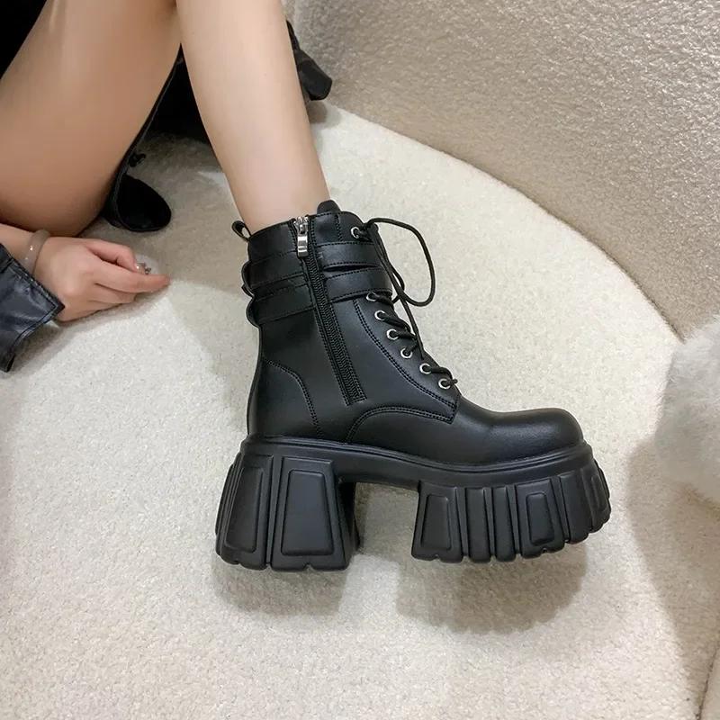 Fashion Spring Black Leather Ankle Boots Women Autumn High Platform Shoes Woman Heels Chunky Motorcycle Boots Booties Mujer