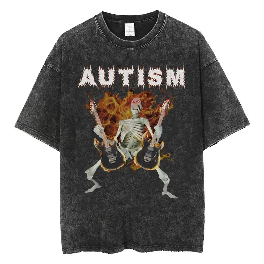 Tricou Meme Schelet Autism Amuzant Craniu Umor Mânecă Scurtă Tricouri Bărbați Femei Vintage Spălat Supradimensionat Bumbac Tricou